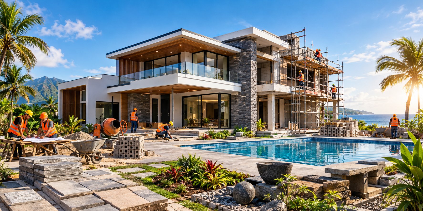 A modern house under construction in Mauritius